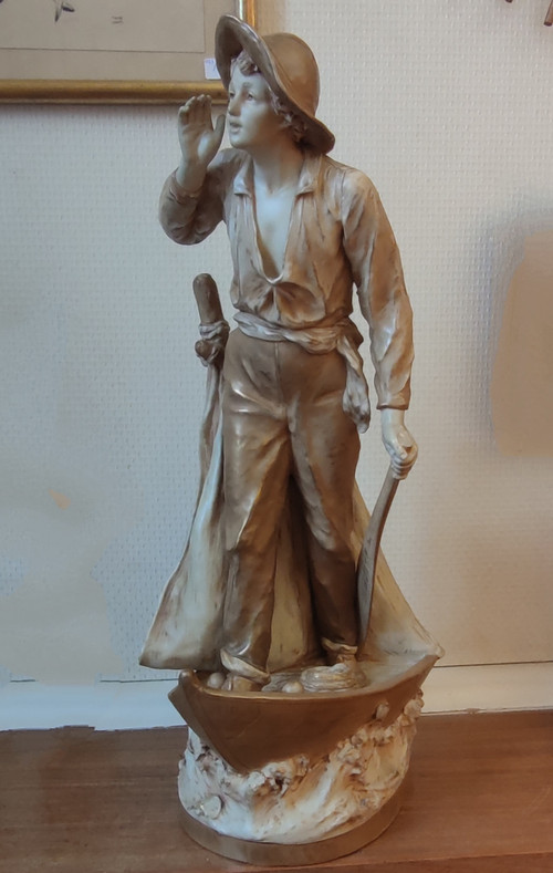 Antique Large Figurine The Young Fisherman Porcelain Royal Dux Bohemia