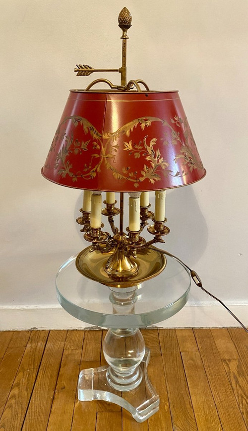 Bronze Bouillotte Lamp / Red Sheet Metal Lampshade, 6 Lights, 20th Century