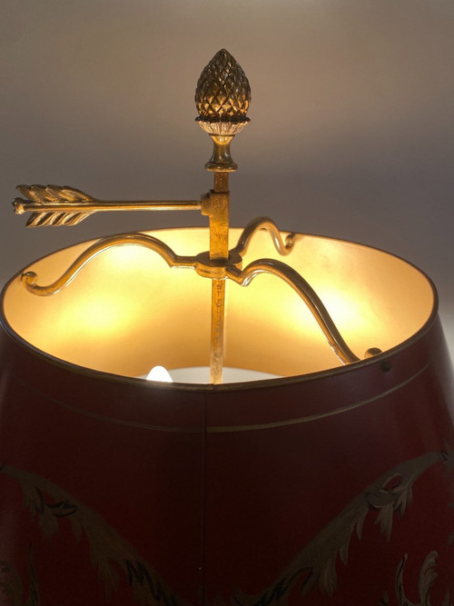 Bronze Bouillotte Lamp / Red Sheet Metal Lampshade, 6 Lights, 20th Century