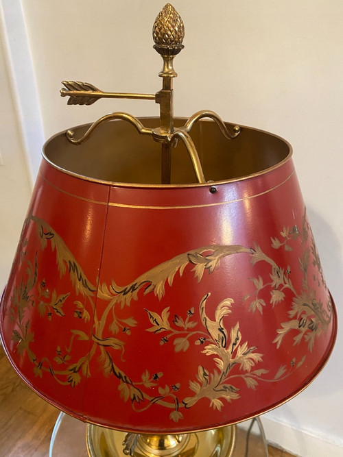 Bronze Bouillotte Lamp / Red Sheet Metal Lampshade, 6 Lights, 20th Century