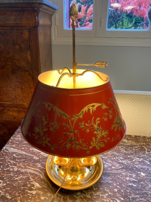 Bronze Bouillotte Lamp / Red Sheet Metal Lampshade, 6 Lights, 20th Century