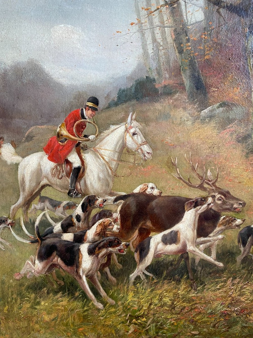 Table De Chasse cour XIXème, olio su tela firmato Eugène Petit (1838-1886)