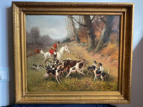 Table De Chasse cour XIXème, olio su tela firmato Eugène Petit (1838-1886)