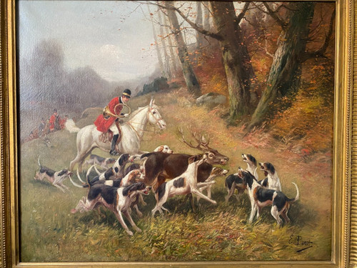 Table De Chasse cour XIXème, olio su tela firmato Eugène Petit (1838-1886)