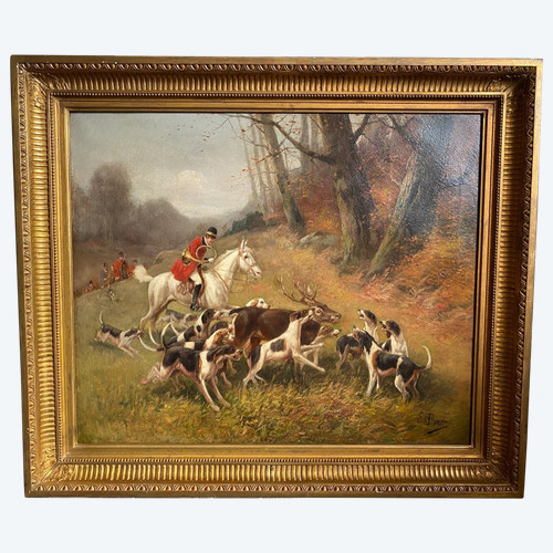 Table De Chasse cour XIXème, olio su tela firmato Eugène Petit (1838-1886)