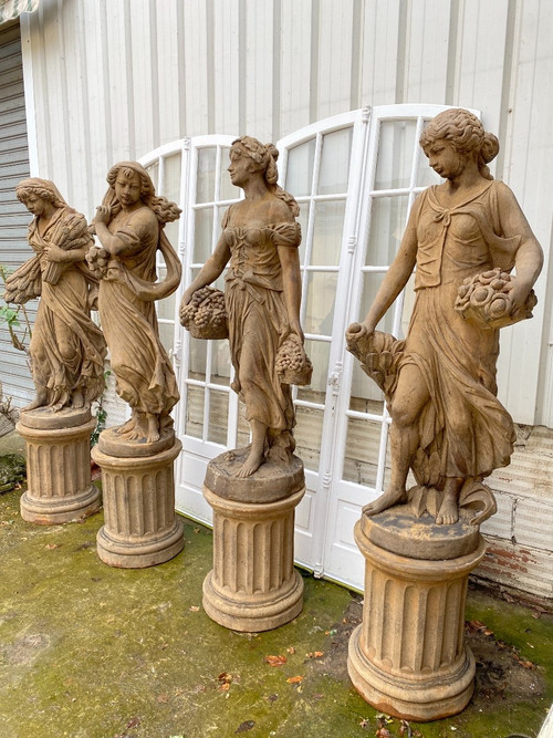 4 Statues "The Four Seasons" In Reconstituted Stone, Garden Decoration