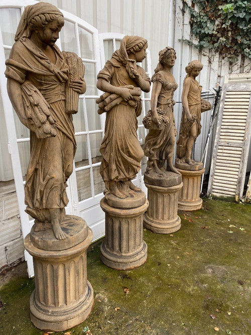 4 Statues "The Four Seasons" In Reconstituted Stone, Garden Decoration