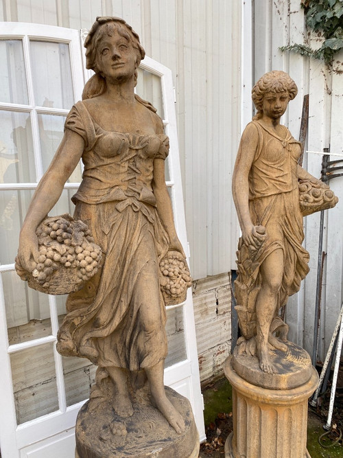 4 Statues "The Four Seasons" In Reconstituted Stone, Garden Decoration