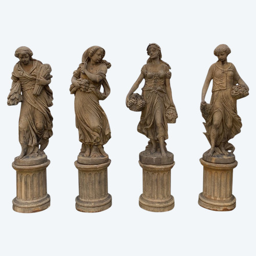 4 Statues "The Four Seasons" In Reconstituted Stone, Garden Decoration