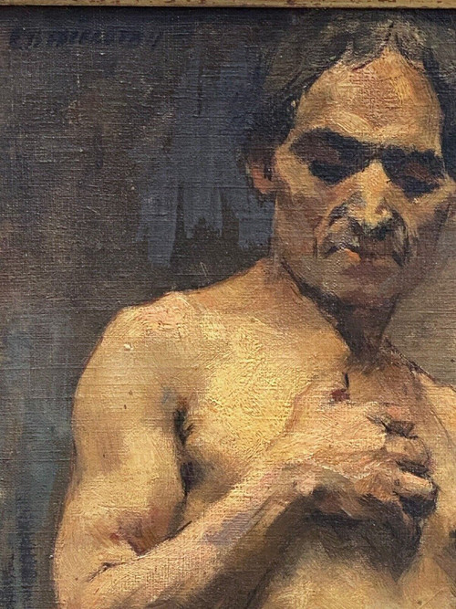 Olio su tavola di Alain Beaufreton nudo maschile accademico