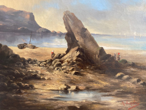 Antique Painting, Seaside Landscape Signed, Late 19th Century