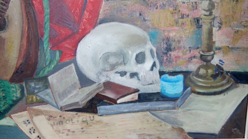 Huile sur carton nature morte à la mandoline avec crâne