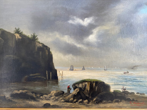 Oil On Canvas Signed, Seascape Late 19th century, Barbizon frame