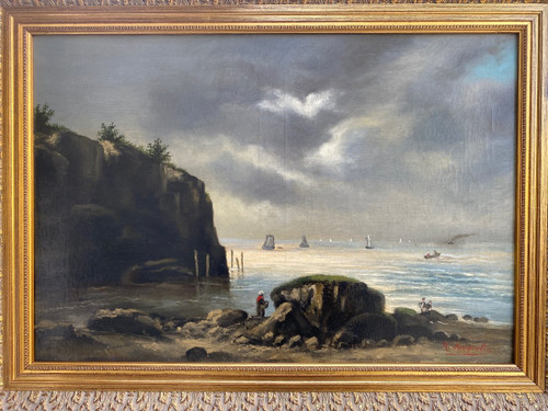 Oil On Canvas Signed, Seascape Late 19th century, Barbizon frame