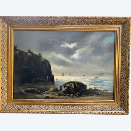 Oil On Canvas Signed, Seascape Late 19th century, Barbizon frame