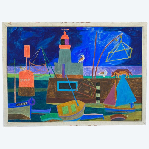 Acquerello e gouache su carta di M. Le Petit marine décor arte naif 1960