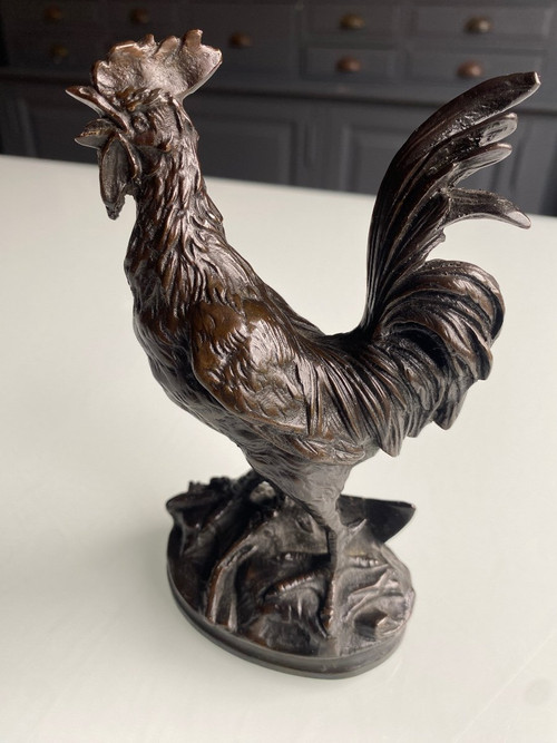 Coq En Bronze A Patine Brune XIXème Signé édouard Drouot (1859-1945)