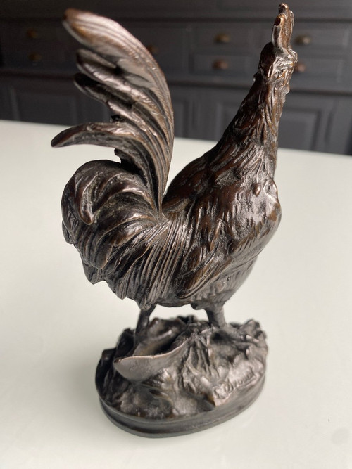 Coq En Bronze A Patine Brune XIXème Signé édouard Drouot (1859-1945)