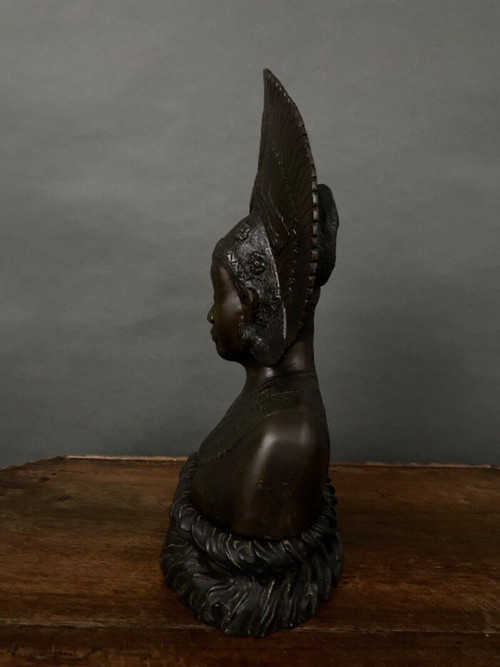 Buste de danseuse balinaise indochinoise couronne roue du paon bronze