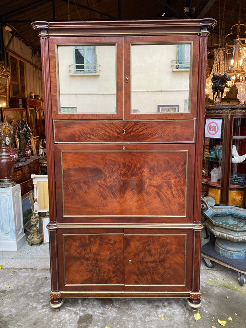 18th Century Louis XVI Period Guillotine Desk In Flamed Mahogany And Brass Joncs