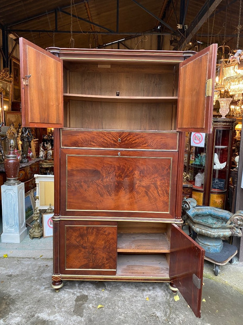 18th Century Louis XVI Period Guillotine Desk In Flamed Mahogany And Brass Joncs