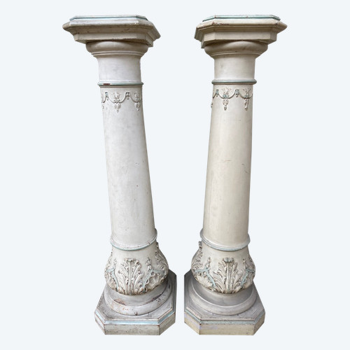 Paire De Colonnes En Bois Laqué Et Sculpté XIXème