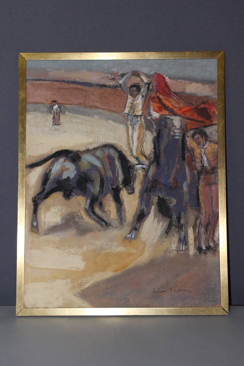 Pastell auf Corrida-Tafel von Léon Perrin um 1950