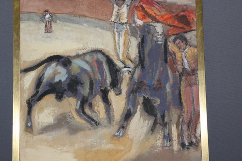 Pastell auf Corrida-Tafel von Léon Perrin um 1950