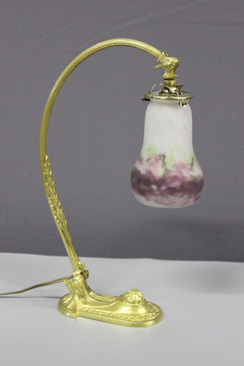 Jugendstil-Schreibtischlampe aus vergoldeter Bronze und Müller-Glaswaren 