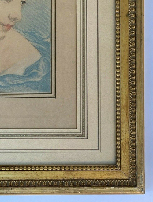 Gravure Mignon-Massart femme du XVIIIe cadre doré perlé