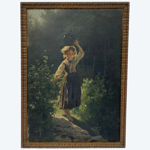 Oil on cardboard young girl with jug late 19th century Barbizon undergrowth