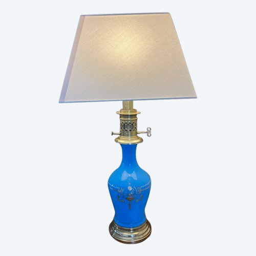 Bellissima lampada antica in opalino blu e bronzo dorato del periodo Carlo X