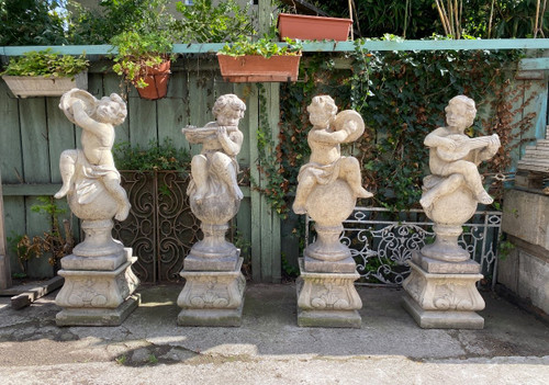 4 Reconstituted Stone Garden Statues / Musician Angels