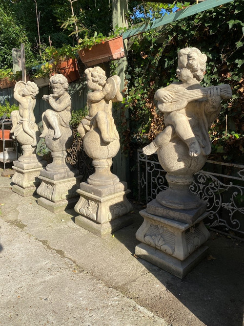 4 Reconstituted Stone Garden Statues / Musician Angels