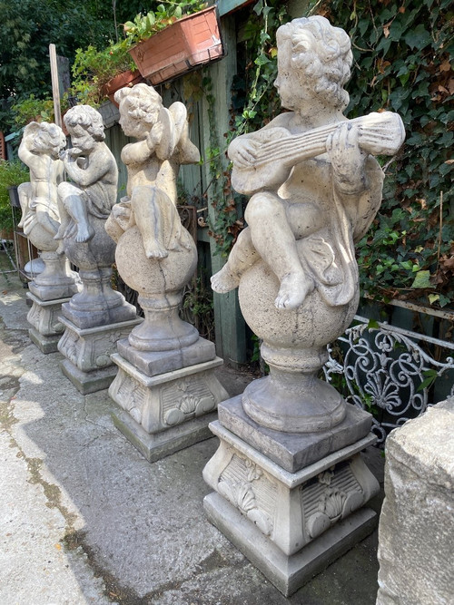 4 Reconstituted Stone Garden Statues / Musician Angels