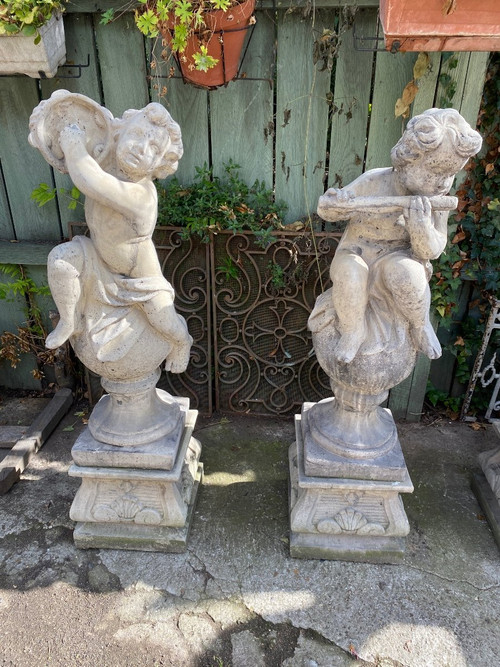 4 Reconstituted Stone Garden Statues / Musician Angels