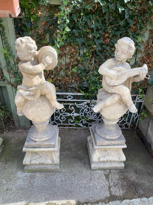 4 Reconstituted Stone Garden Statues / Musician Angels