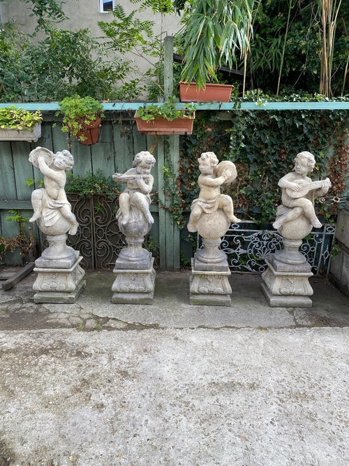 4 Reconstituted Stone Garden Statues / Musician Angels