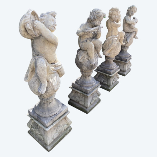 4 Reconstituted Stone Garden Statues / Musician Angels