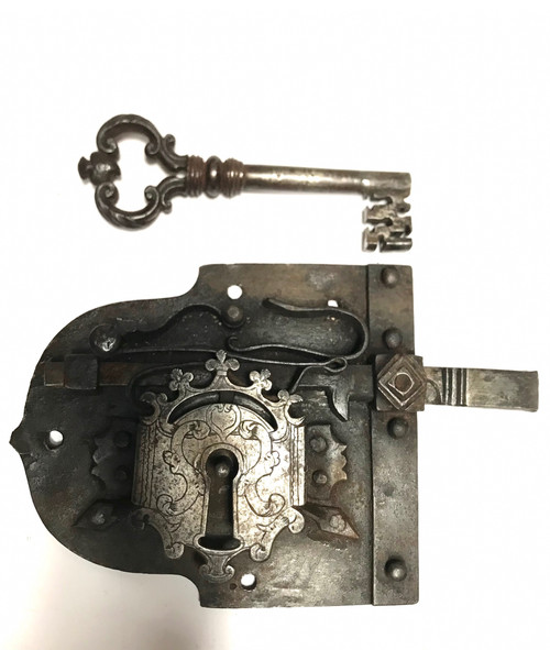 Wrought-iron lock and key, heraldic royalty nobility 16th/17th century