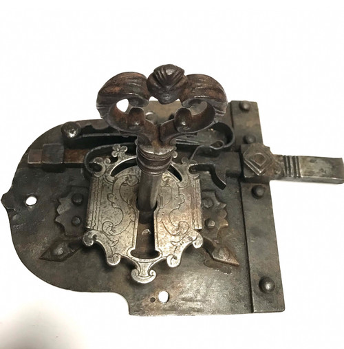 Wrought-iron lock and key, heraldic royalty nobility 16th/17th century