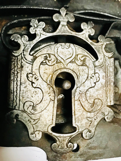 Wrought-iron lock and key, heraldic royalty nobility 16th/17th century