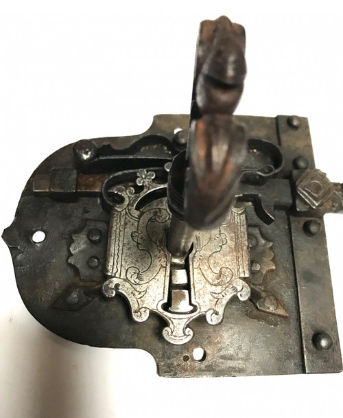 Wrought-iron lock and key, heraldic royalty nobility 16th/17th century