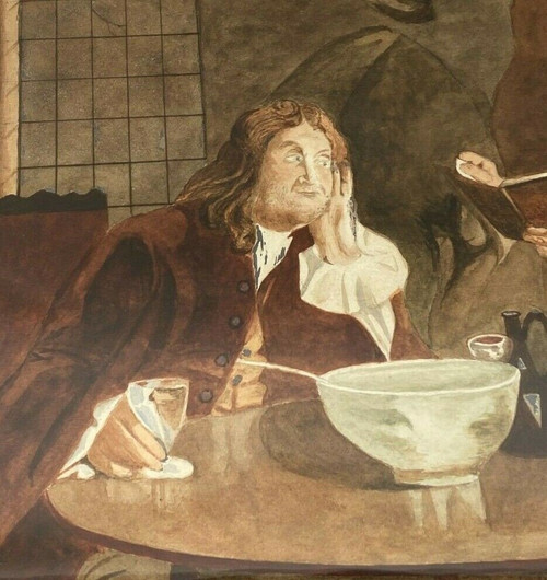 Aquarelle par Leray ou Lerat intérieur de taverne hommes du XVIIIe