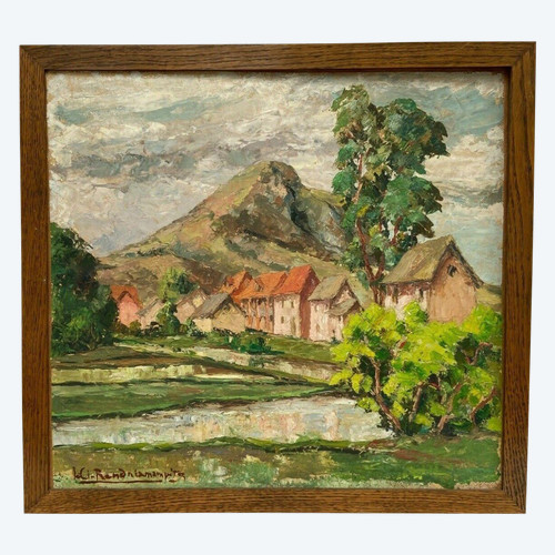 Oil on cardboard by Jules-Claude Randriamampita (1913-1968) montagne