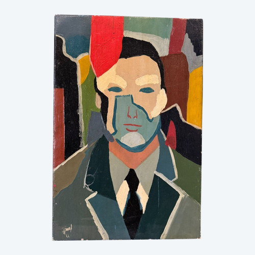 Huile sur toile par Jower composition moderne 1966 homme à la cravate