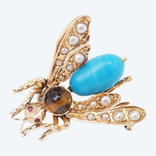 Broche mouche  en or jaune turquoise, oeil de tigre et perles fines