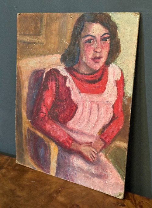 Huile sur panneau jeune fille au tablier rose 1940 Guillot de Raffaillac