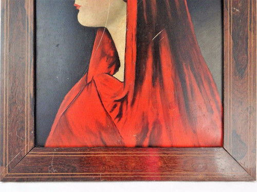 Huile sur carton femme au foulard rouge XIXe