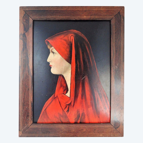 Huile sur carton femme au foulard rouge XIXe